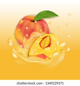 Peach juice splash. Fresh fruit 3d realistic vector illustration. Package design or poster, advertising.