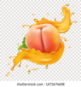 Peach In Juice Splash Realistic Vector Illustration.