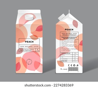 Peach juice. Template packaging design. Whole, halves and slices of transparent fruits.
