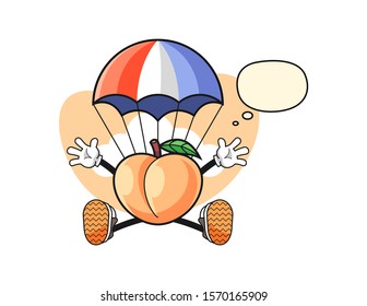 Peach jumping parachute with thought bubble cartoon. Mascot Character vector.