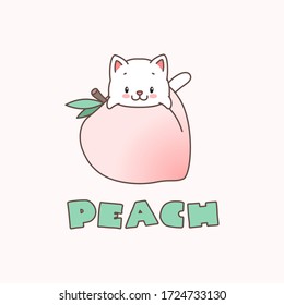 Peach. Kawaii illustration of a little white kitten sitting in a pink peach. Vector 8 EPS.