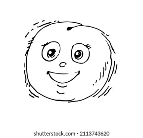 Peach laughs. Funny Face. Cheerful drawing of fruit. Hand drawing outline. Sketch Isolated on white background. Vector.