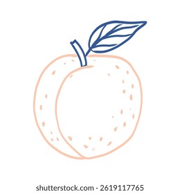 A peach with a leaf on it. The peach is pink and the leaf is blue. The image has a cute and playful feel to it