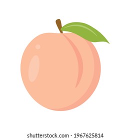 Peach with leaves.  Whole fresh fruit on a white isolated background. Flat vector illustration.