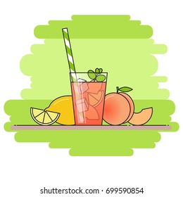 Peach lemonade with fruit slices, ice and meant in glass with straw, cut lemon and peach on green background. Isolated vector illustration in flat style.