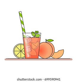 Peach lemonade with fruit slices, ice and meant in glass with straw, cut lemon and peach isolated on white background. Vector illustration in flat style.