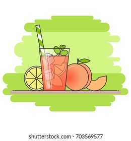 Peach lemonade with fruit slices, ice and meant in glass with straw and cut lemon and peach on green background. Isolated vector illustration in flat style.