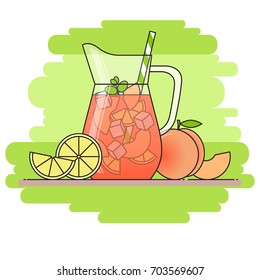 Peach lemonade with fruit slices, ice and meant in jug and cut lemon and peach on green background. Isolated vector illustration in flat style.