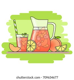 Peach lemonade with fruit slices, ice and meant in jug and glass with straw and cut lemon and peach on green background. Isolated vector illustration in flat style.