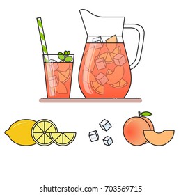 Peach lemonade and ingredients set with fruit slices, ice and meant in jug and glass with straw and cut lemon and peach isolated on white background. vector illustration in flat style.