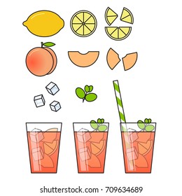 Peach lemonade and ingredients set with fruit slices, ice and meant in glass with straw and cut lemon and peach isolated on white background. vector illustration in flat style.