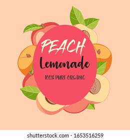 Peach lemonade label vector template. Fresh lemonade banner with peach fruits.  Label, emblem and store, packaging  template.