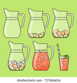 Peach lemonade step-by-step instruction set with fruit slices, ice and meant in jug and glass with straw. Isolated vector illustration in flat style.