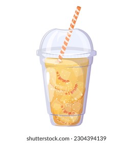 Peach lemonade. Summer refreshing drink with peaches  and ice in plastic cup.