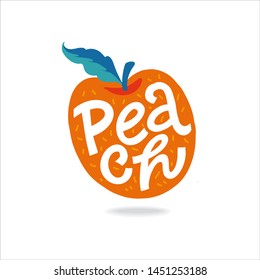 Peach Lettering- Hand-drawn vector flat cartoon illustration on an isolated white background. Great fruit print for labels, juice or jams packs.