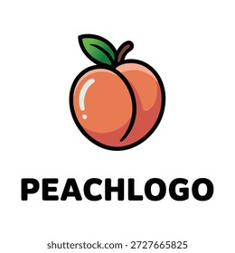 Diseño de logotipo de melocotón con hoja verde en la parte superior e icono de contorno negro