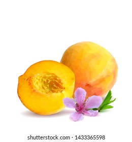 Peach low poly. Bloom of peach. Fresh, nutritious, tasty peach. Delicious and healthy dessert. Elements for label design. Vector illustration. Fruits ingredients in triangulation technique. 