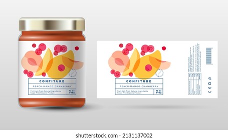 Confitura de melocotón, mango y arándano. Mermelada dulce. Cortes transparentes, mitades y frutos cortados. Diseño sencillo de etiqueta y embalaje.