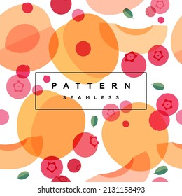 Peach, mango and cranberry seamless pattern. Fruits and berries background. Transparent berries, fruits and frame with text is on separate layer. Label and packaging simple design.