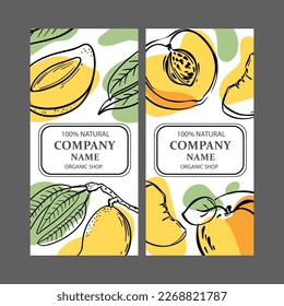 PEACH MANGO LABELS Vertical Stickers Design For Shop Of Tropical Organic Natural Fresh Juicy Fruits And Dessert Drinks In Sketch Style Vector Illustration Set
