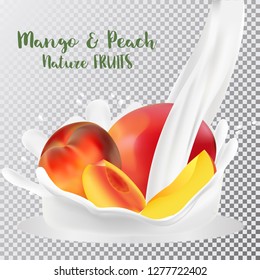 Peach and mango with a splash of milk. Fresh fruits and splashes, 3d realistic vector