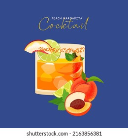 Peach margarita cocktail vector on blue background. Summer alcohol drink flat illustration