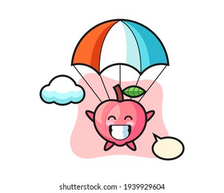 Peach mascot cartoon is skydiving with happy gesture