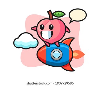 Peach mascot character riding a rocket