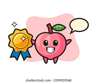 Peach mascot illustration holding a golden badge