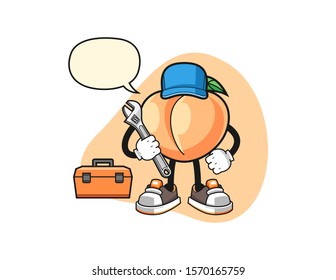 Peach mechanic with speech bubble cartoon. Mascot Character vector.