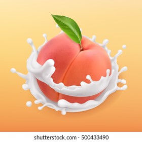 Peach and milk splash. Fruit and yogurt. Realistic illustration. 3d vector icon