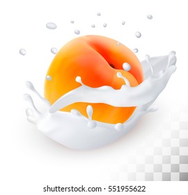 Peach in a milk splash on a transparent background. Vector icon.