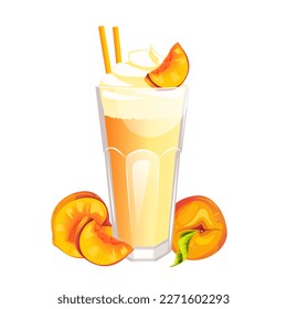 Peach milkshake decorated with peach slices and whipped cream.Vector illustration.