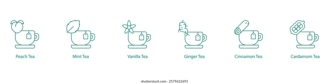 Peach, Mint, Vanilla, Ginger, Cinnamon, and Cardamom Tea Icon Set