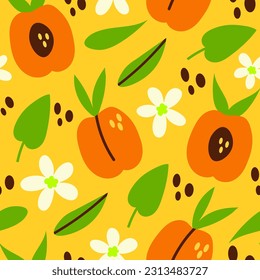 Pfirsichfarbenes Muster. Frische Sommerfrüchte endloser Hintergrund mit Blumen und Blättern für pfirsichfarbene Produkte, Essen, Trinken. Vektorgrafik