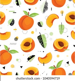 Peach. Modern vector seamless pattern with cute fruits and leaves. All elements  are  hidden under mask. Pattern are not cropped and can be edited