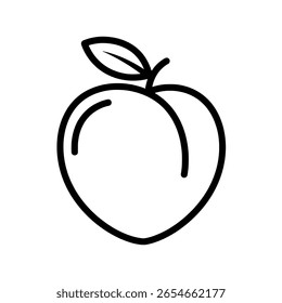 Peach or nectarine with a leaf, in a simple line art drawing. A minimalist outline icon of a stone fruit for summer food branding.