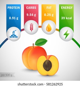 Peach nutrients vector. Protein, carbs, fat, energy