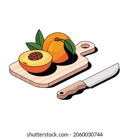 Peach on a cutting board and knife. Vector 3d sketch line isometric style, color icon illustration. Creative design idea and infographics elements.