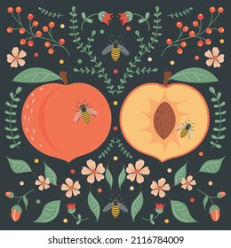Pase sobre un fondo oscuro con elementos florales, flores, hojas y abejas.