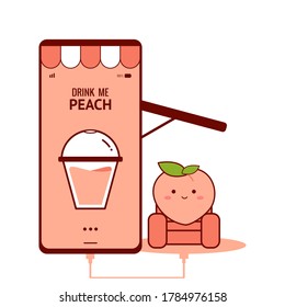 Peach on mobile phone. Beverage online. Power up with peach. Cute peach style. Illustration vector.
