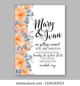 Peach orange chrysanthemum asters peony sunflower autumn wedding invitation vector template greeting card
