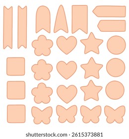 Peach orange sticker collection featuring stars, hearts, flowers, ribbons, circles, and geometric shapes on white background