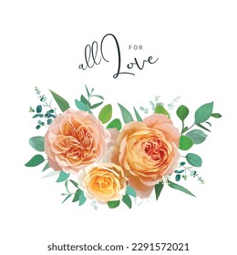 Peach, orange, yellow English garden rose flowers, green eucalyptus leaves, branches bouquet. Watercolor style, editable vector illustration. Fall wedding invite, save the date, greeting card template