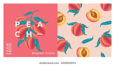 Plantillas de diseño de envases de melocotón. Ilustración vectorial de estilo moderno.