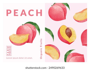 Peach packaging design templates, watercolour style vector illustration.