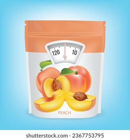 Pfirsichverpackungen mit einer Waage. Ernährungskonzept. Vektorgrafik.