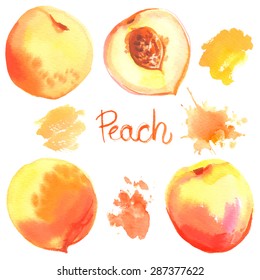 Peach painted with watercolors on white background. Half of peach, bright fruit, abstract spots.