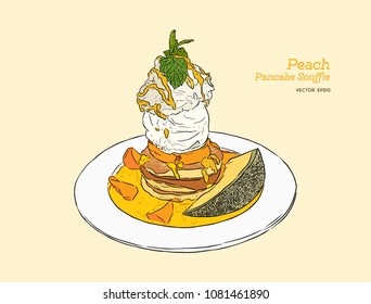 peach pancake with vanilla ice-cream , melon, whipped cream and  peach syrup garnish with icying , hand draw sketch vector .