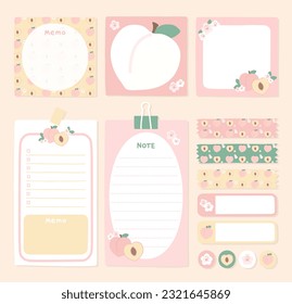 Peach paper notes, stickers, sticky sheets and tape. Vector set of stationery.